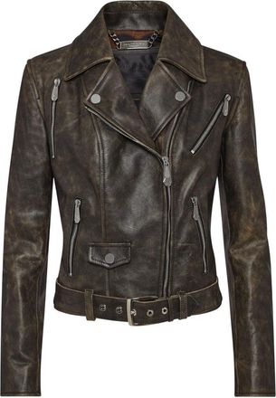 Philipp Plein Shoulder Padded Leather Biker Jacket - Dames - Leren en Su&egrave;de Jassen - Zwart - S - Leer - Jassen