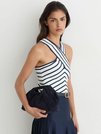 Reiss Navy Suede Cut-out Handle Pouch Clutch Bag