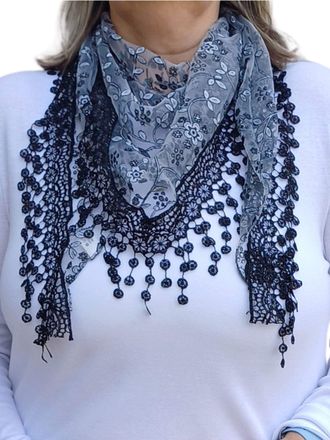 Generic Glitter Floral Triangle Scarf with Lace & Embroidery, 8 colours (Black)