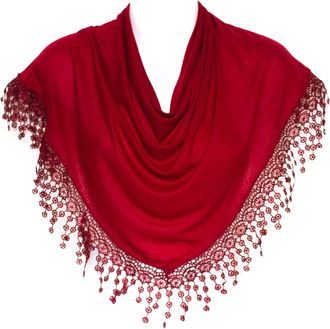 Hat To Socks Triangle Scarf with Bobbin Lace Fringes for Women (Burgundy)