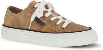 Brunello Cucinelli Womens Shiny Tab Suede Sneakers Bisque