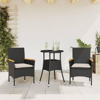 vidaXL Set Comedor Jard&iacute;n 3 Pzas Cojines Rat&aacute;n Sint&eacute;tico Vidrio Negro Vidaxl