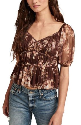 Lucky Brand Print Smocked Mesh Top in Brown Floral at Nordstrom, Size Small