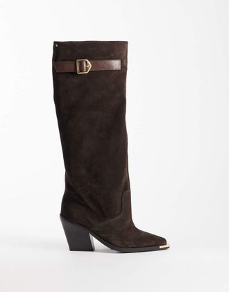 Bronx New-kole - Stivaletti stile western in camoscio color chicco di caff&egrave; con fibbia-Marrone