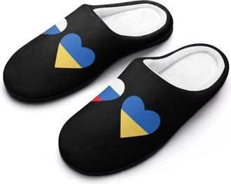 Generic Russia And Ukraine Flags Heart Fashion Cotton Slippers for Women Memory Foam House Slippers Non-Slip House Bedroom Shoes