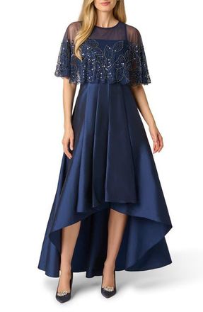 Adrianna Papell Beaded Cape Taffeta Gown in Light Navy at Nordstrom, Size 18