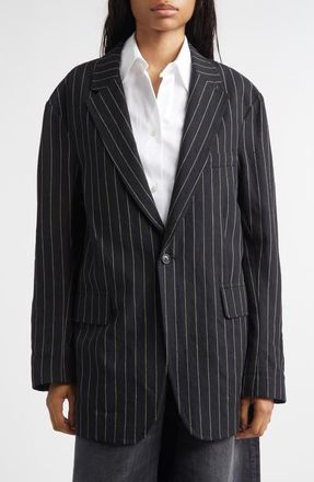 R13 Ragged Pinstripe Oversize Linen & Virgin Wool Blazer in Black White Pinstripe at Nordstrom, Size Xx-Small