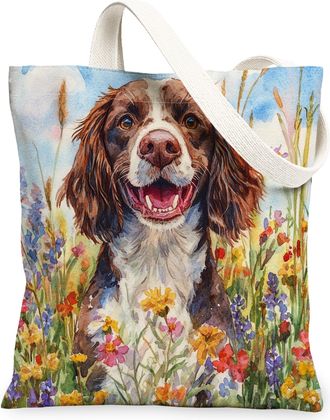 Generic Spring Springer Spaniel Dog Canvas Tote Bag for Shopping 13x15, Oil Painting Wildflower Puppy Reusable Grocery Print Pattern Bag for Women, Fun Pet Be