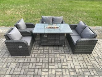 Fimous Rattan Outdoor Garden Furniture Sofa Set Gas Fire Pit Dining Table Gas Heater with Love Sofa Recling Chair 6 Seater in Dark Grey