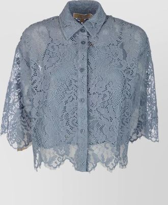 Michael Kors lace shirt short sleeves collar scalloped hem
