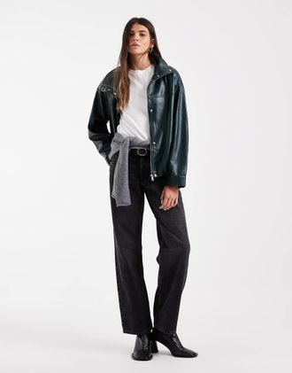 Asos Giacca bomber sportiva in pelle sintetica con collo a imbuto verde scuro
