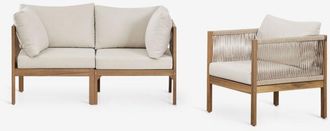 Sklum Conjunto De Sal&oacute;n Con Sof&aacute; Modular De 2 Piezas Con Reposabrazos Y Sill&oacute;n En Madera De Acacia Branson Sklum