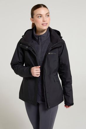 Mountain Warehouse Thunderstorm Womens 3 in 1 Jacket Waterproof Inner Fleece Hooded Winter Coat Black
