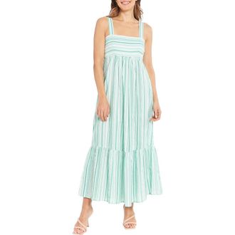 London Times Striped Empire Waist Cotton Maxi Dress in Teal White at Nordstrom Rack, Size 8