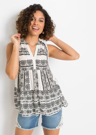 Bonprix Blusentop BONPRIX, Damen, Gr. 38, schwarz, wollwei&szlig; bedruckt, Web, Obermaterial: 100% Viskose, bedruckt, ethno, A-Linie Po-bedeckend, Rundhals, Blusen