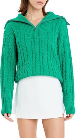 English Factory Quarter Zip Cable Knit Cotton Sweater in Green at Nordstrom, Size Medium