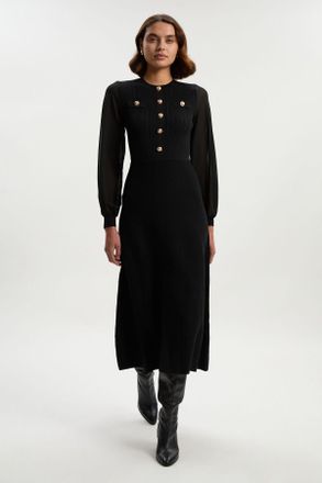 Karen Millen Womens Viscose Blend Maxi Knit Dress With Chiffon Sleeve Military Trim - Black Polyamide - Size X-Small