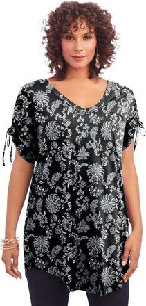 Roaman's Ruched Sleeve Ultra Femme Tunic in Black White Vines at Nordstrom, Size 12