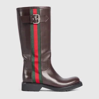 Gucci Womens Biker Boot With Web, Brown, Leather