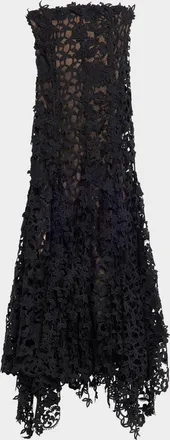 Oscar De La Renta Strapless Floral Lace Handkerchief Godet Ankle Dress