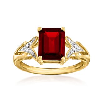 Ross-Simons Emerald-Cut Garnet Ring With Diamond Accents in 14kt Yellow Gold
