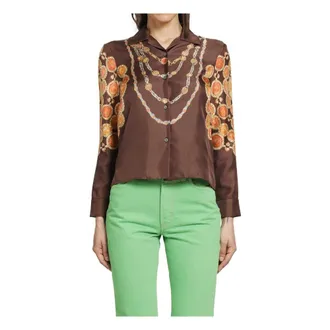 Versace Shirts, female, Brown, Size: XS Printed Silk Twill Shirt
