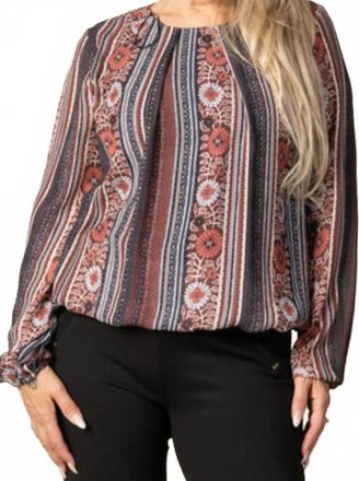 Papillon Floral Stripe Blouse Top In Brown Multi