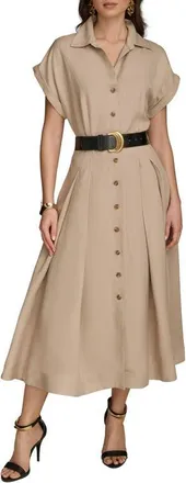 DKNY Linen Blend Belted Midi Shirtdress in Fawn Linen at Nordstrom, Size 12