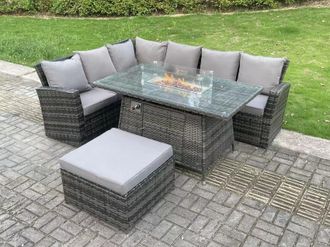 Fimous 7 Seater High Back Rattan Gas Fire Pit Corner Sofa Dining Set Garden Furniture Heater Dining Table Left Side in Dark Grey