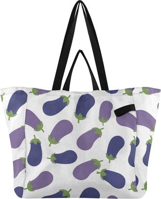 Generic Eggplant Vegetable White print Reusable Canvas Tote Bag, Heavy Duty Grocery Shopping Bag with Hard Bottom Double Handles Large Capacity Work Groceries