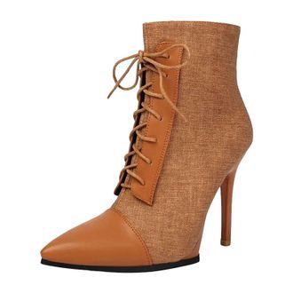 Generic Womens Party Ankle Boots Pointed Toe High Square Heel With Side Zipper And Front Lace Up Color Block Design