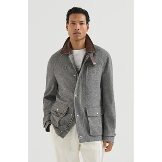 Brunello Cucinelli Cashmere and silk diagonal field jacket with nappa leather inserts in Medium Grey at Nordstrom, Size 52 It
