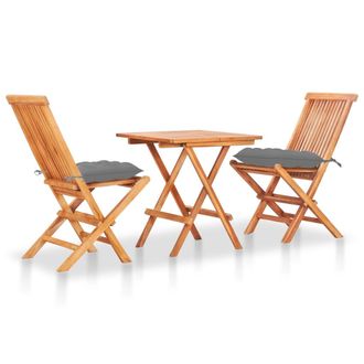 vidaXL Set De Bistr&oacute; 3 Pzas Madera Maciza De Teca Con Cojines Grises Vidaxl
