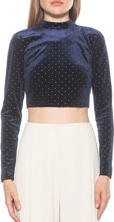 Alexia Admor Ari Long Sleeve Studded Velvet Crop Top in Navy at Nordstrom Rack, Size Medium