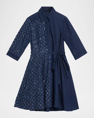 Talbot Runhof Paillette Distressed Denim Mini Shirtdress