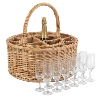 Red Hamper Wicker Garden Picnic Basket Complete with 12 Glasses in Brown