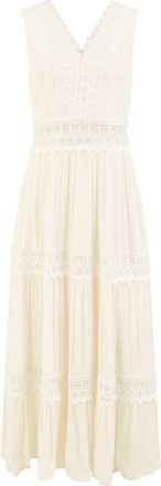 Yumi White Lace Trim Cotton Midi Sun Dress M White
