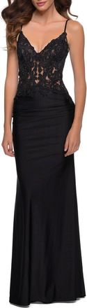 La Femme Jersey Gown with Sheer Lace Bodice and Ruching in Black at Nordstrom, Size 16