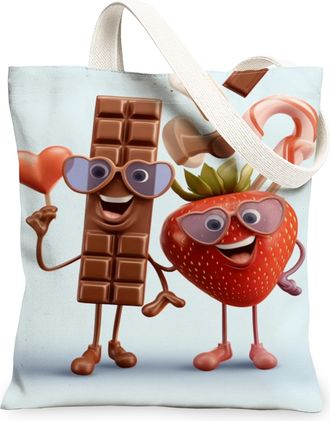 Generic Playful Fruit Canvas Tote Bags, Cartoon Chocolate Strawberry Design Reusable Grocery Bags, Lightweight Washable Shoulder St, Light Blue, 13x15 Inch