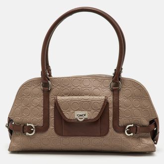 Ferragamo Beige/brown Gancini Embossed Leather Zip Satchel
