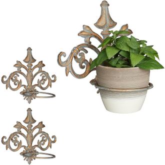 Relaxdays 3 Soportes Macetas Pared De Estilo Barroco, Hierro Fundido, Dorado-gris, &Oslash; 13,5 Cm