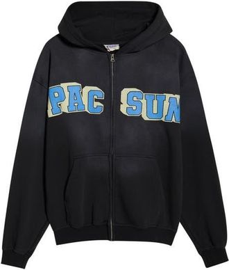 PacSun Varsity Bear Front Zip Cotton Hoodie in Washed Black at Nordstrom, Size X-Large