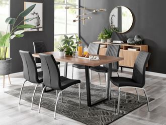Furniturebox Kylo Large Brown Wood Effect Dining Table & 6 Isco Faux Leather Chairs in Black