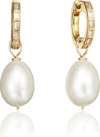 Lily & Roo Gold Diamond Style Baguette Pearl Drop Hoop Earrings