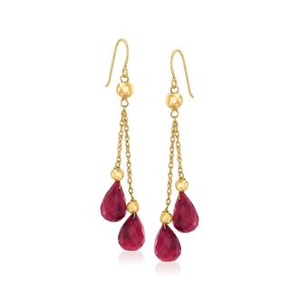 Ross-Simons Ruby and Bead Double Drop Earrings in 14kt Yellow Gold