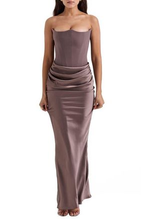 House of CB Persephone Strapless Satin Corset Cocktail Dress in Pebble Grey at Nordstrom, Size X-Small D