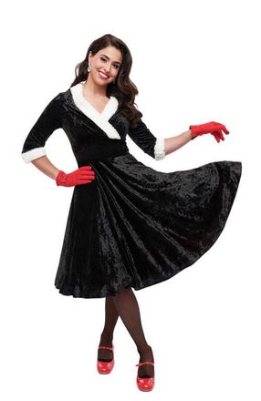 Unique Vintage Half Sleeve Surplice Delores Swing Dress in Black Velvet at Nordstrom, Size Medium