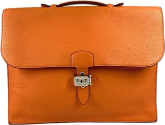 Herm&egrave;s Orange Taurillon Clemence Leather Briefcase (Pre-Owned)