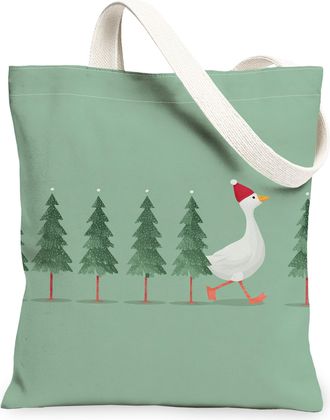 Generic Christmas Goose Canvas Tote Bags, Festive Holiday Tree Pattern Reusable Grocery Bags, Lightweight Washable Shoulder Strap C, Green, 13x15 Inch