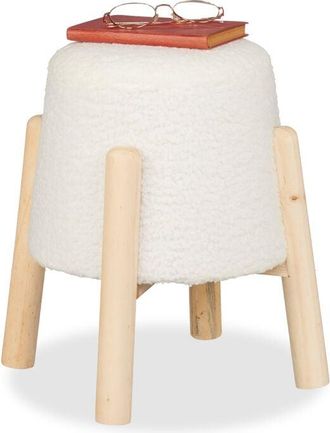 Relaxdays Stool, Faux Teddy Fur, Wooden Legs, HxD: 40 x 30 cm, Lounge & Bedroom Footrest, Round Footstool, White/Natural - Relaxdays